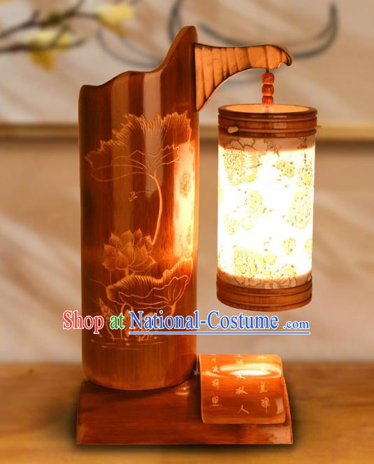 Traditional China Bamboo Carving Lotus Leaf Lanterns Handmade Lantern Ancient Desk Lamp