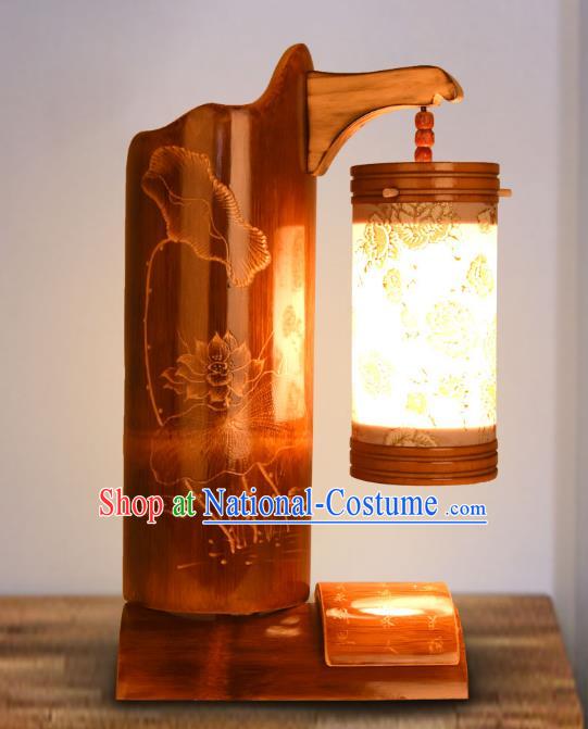 Traditional China Bamboo Carving Lotus Leaf Lanterns Handmade Lantern Ancient Desk Lamp