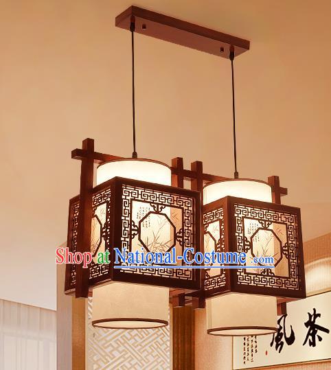 Traditional Asian Wood Carving Lanterns Handmade Two-Lights Ceiling Lantern Ancient Hanging Lamp