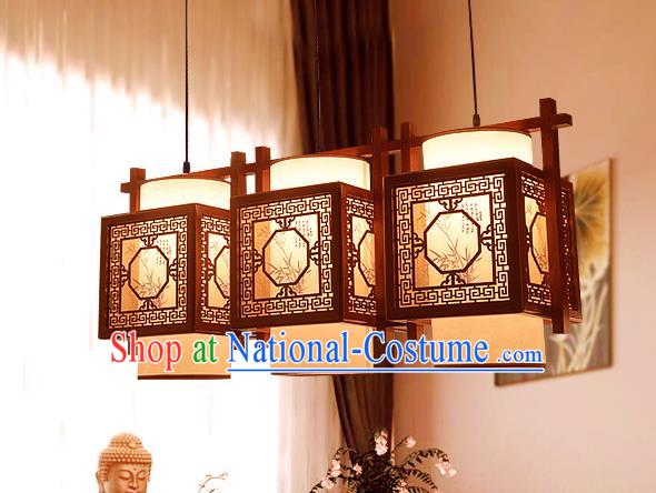 Traditional Asian Wood Carving Lanterns Handmade Three-Lights Ceiling Lantern Ancient Hanging Lamp