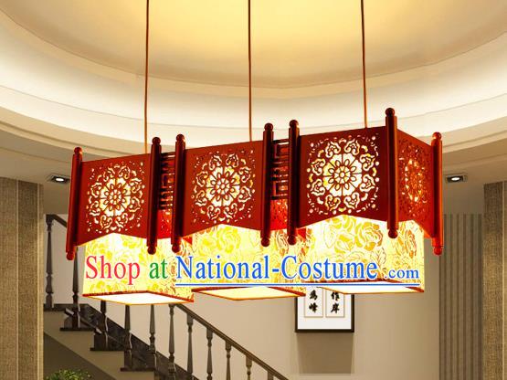 Traditional Chinese Wood Carving Three-Lights Hanging Lanterns Handmade Palace Ceiling Lantern Ancient Lamp