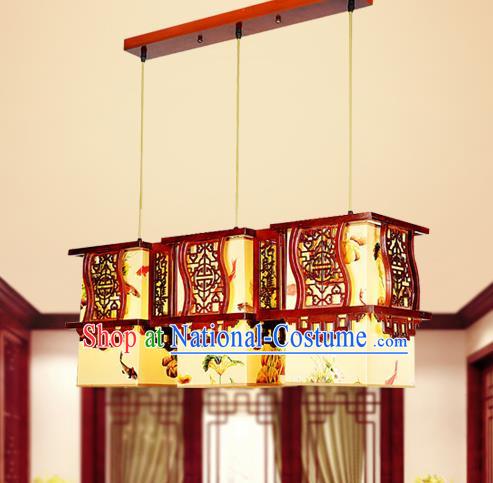 Traditional Chinese Wood Carving Hanging Lanterns Handmade Painting Three-Lights Palace Ceiling Lantern Ancient Lamp