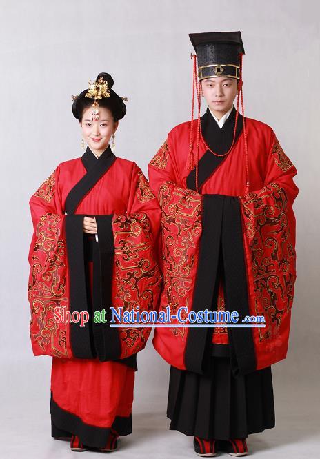 Chinese Ancient Zhou Dynasty Emperor and Empress Embroidered Wedding Clothing for Women for Men