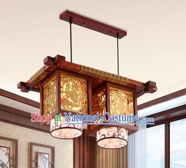 Traditional Chinese Wood Carving Ceiling Lanterns Handmade Two-Lights Hanging Lantern Ancient Lamp