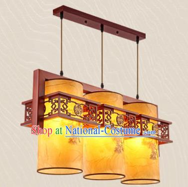 Traditional Chinese Wood Carving Ceiling Lanterns Handmade Three-Lights Hanging Lantern Ancient Lamp