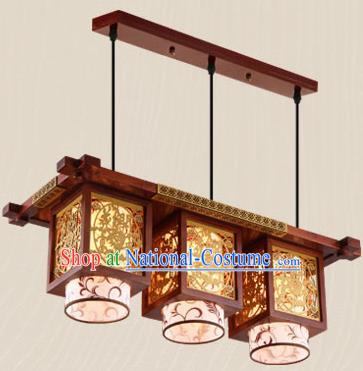 Traditional Chinese Wood Carving Ceiling Lanterns Handmade Three-Lights Hanging Lantern Ancient Lamp