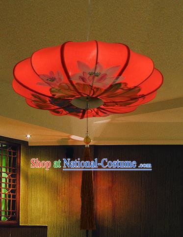 Traditional Chinese Painting Lotus Red Hanging Lanterns Ancient Handmade Ceiling Lantern Ancient Lamp