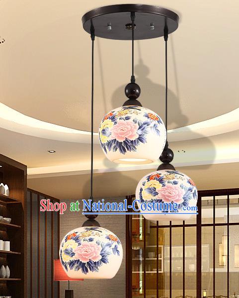 Traditional Chinese Handmade Ceramics Hanging Lantern Asian Painting Peony Ceiling Lanterns Ancient Lantern