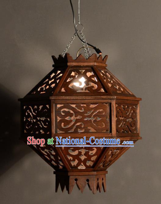 Handmade Traditional Thailand Wood Carving Hanging Lantern Asian Ceiling Lanterns Religion Lantern