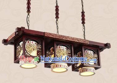 Traditional Chinese Handmade Three-Lights Lantern Asian Wood Carving Ceiling Lanterns Ancient Lantern