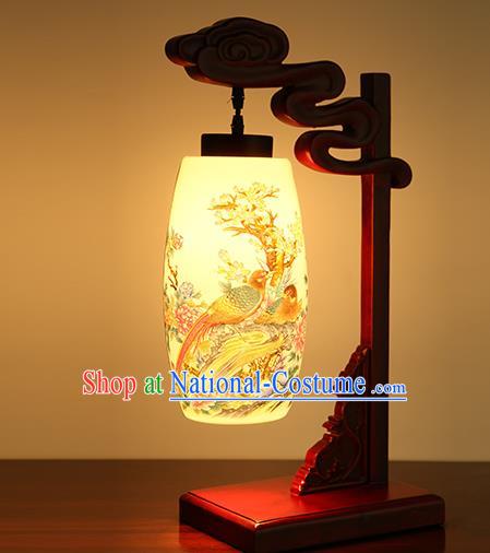 China Handmade Ceramics Desk Lantern Ancient Wood Painting Birds Lanterns Traditional Lamp