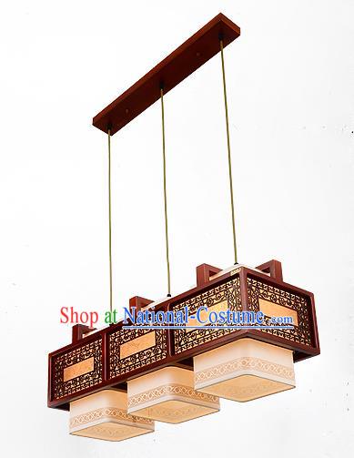 Traditional Chinese Handmade Three-Lights Lantern Wood Carving Hanging Lantern Ancient Palace Ceiling Lanterns