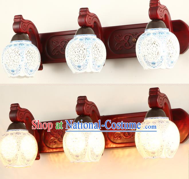 China Handmade Palace Lanterns Pierced Ceramics Three-Lights  Wall Lantern Ancient Wood Lanterns Traditional Lamp