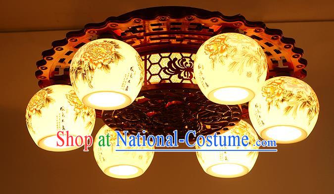 Traditional Chinese Handmade Six-Lights Lantern Wood Carving Lantern Ancient Palace Ceiling Lanterns