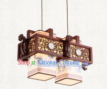 Traditional Chinese Handmade Two-Lights Hanging Lantern Painting Lotus Wood Lantern Ancient Palace Ceiling Lanterns