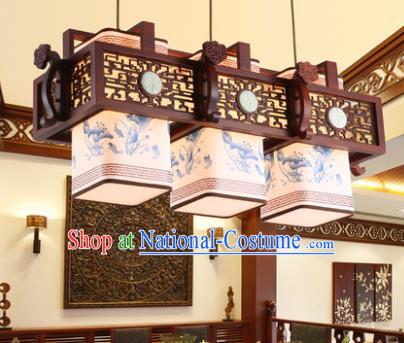 Traditional Chinese Handmade Three-Lights Hanging Lantern Painting Lotus Wood Lantern Ancient Palace Ceiling Lanterns