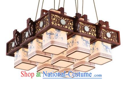 Traditional Chinese Handmade Nine-Lights Hanging Lantern Painting Lotus Wood Lantern Ancient Palace Ceiling Lanterns