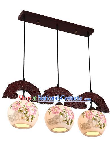 Traditional Chinese Handmade Three-Lights Hanging Lantern Wood Painting Peony Lantern Ancient Palace Ceiling Lanterns