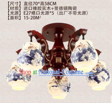 Traditional Chinese Handmade Five-Lights Lantern Painting Lotus Lantern Ancient Palace Ceiling Lanterns