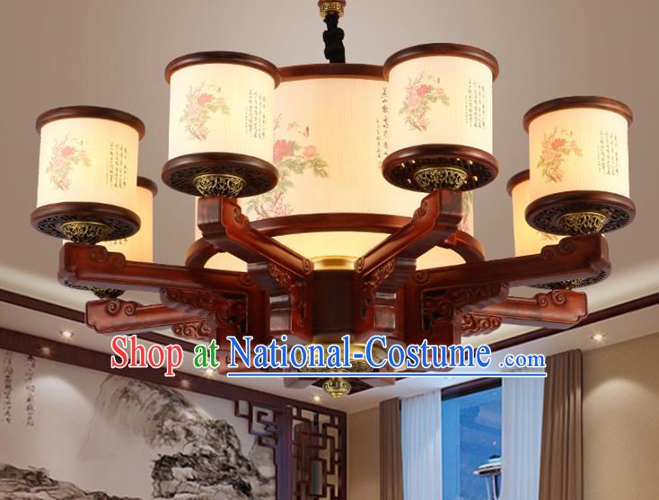 Traditional Chinese Handmade Painting Flowers Wood Lantern Eight-Lights Palace Lantern Ancient Ceiling Lanterns