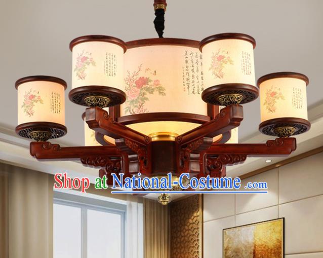 Traditional Chinese Handmade Painting Flowers Wood Lantern Six-Lights Palace Lantern Ancient Ceiling Lanterns