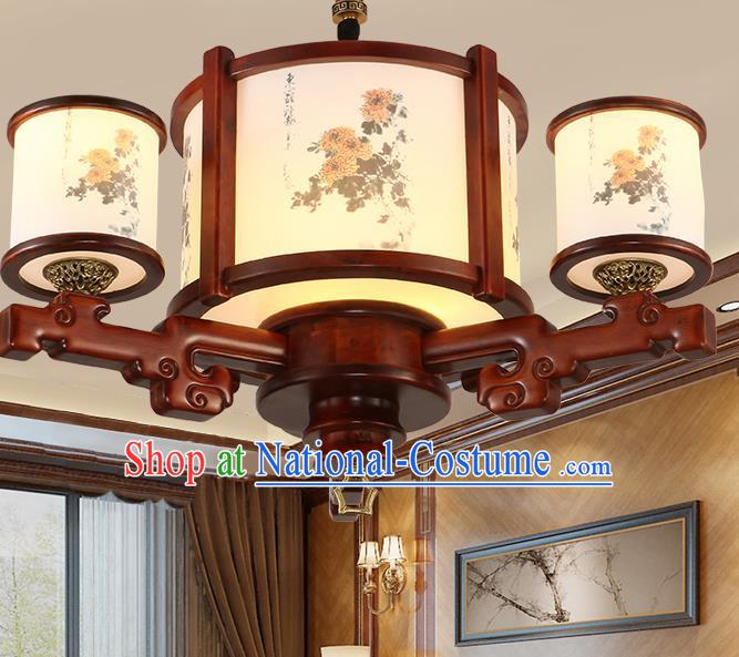 Traditional Chinese Handmade Painting Chrysanthemum Wood Lantern Three-Lights Palace Lantern Ancient Ceiling Lanterns