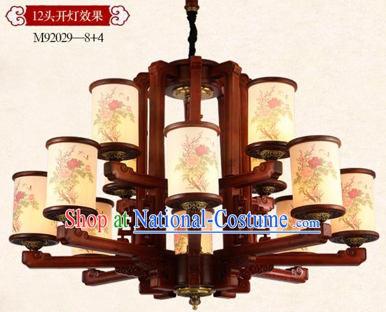 Traditional Chinese Handmade Painting Peony Wood Lantern Twelve-Lights Palace Lantern Ancient Ceiling Lanterns