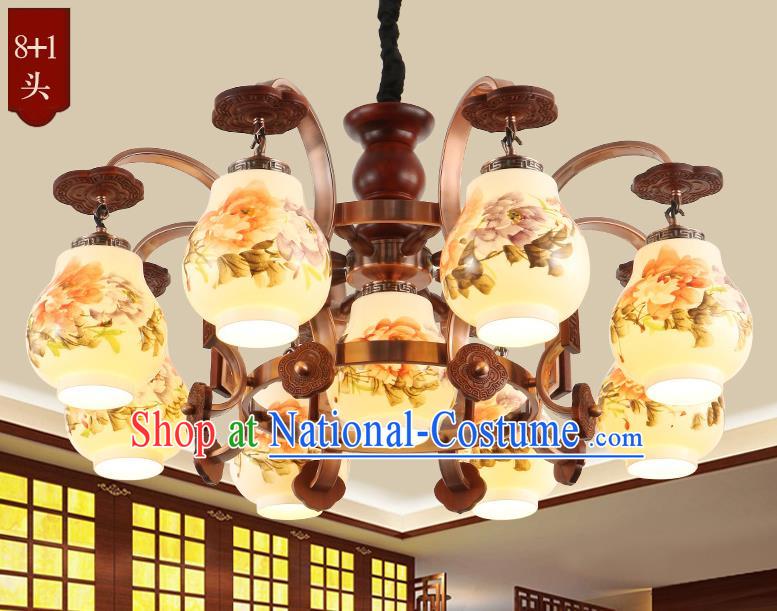 Traditional Chinese Handmade Painting Peony Lantern Nine-Lights Palace Lantern Ancient Ceiling Lanterns