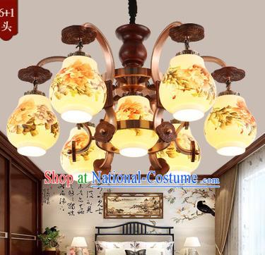 Traditional Chinese Handmade Painting Peony Lantern Seven-Lights Palace Lantern Ancient Ceiling Lanterns