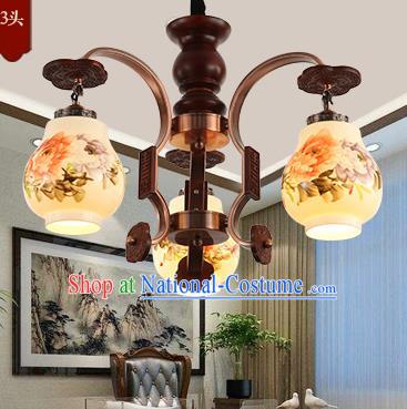 Traditional Chinese Handmade Painting Peony Lantern Three-Lights Palace Lantern Ancient Ceiling Lanterns