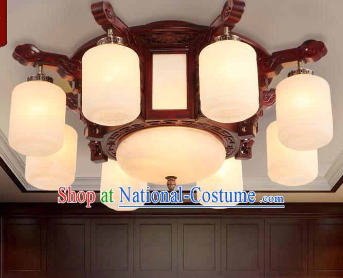 Traditional Chinese Handmade Eight-Lights Ceiling Lantern Rosewood Marble Palace Lanterns Ancient Lamp