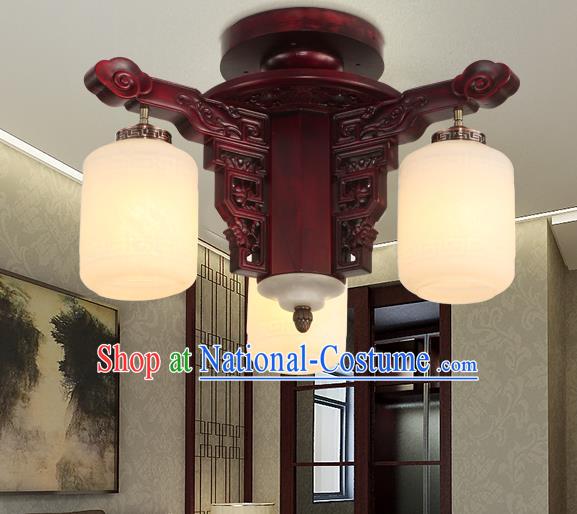 Traditional Chinese Handmade Three-Lights Ceiling Lantern Rosewood Marble Palace Lanterns Ancient Lamp