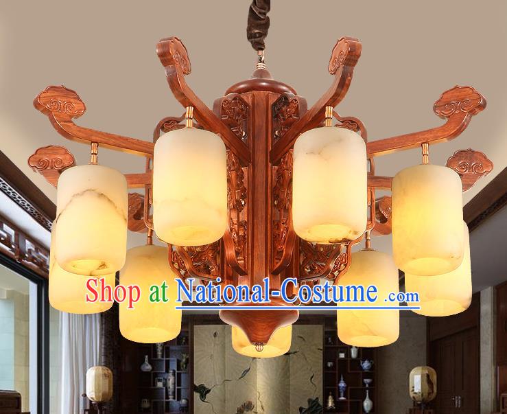 Traditional Chinese Handmade Marble Hanging Lantern Rosewood Nine-Lights Palace Lanterns Ancient Lamp