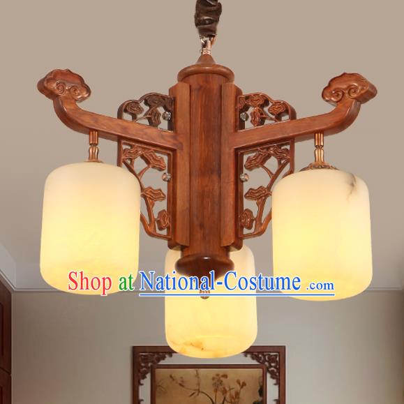 Traditional Chinese Handmade Marble Hanging Lantern Rosewood Three-Lights Palace Lanterns Ancient Lamp