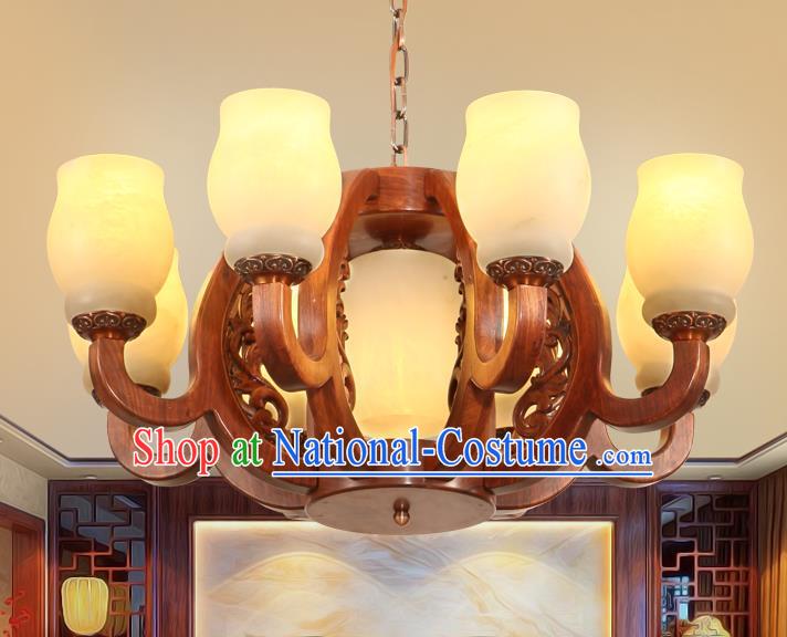 Traditional Chinese Handmade Rosewood Marble Ceiling Lantern Eight-Lights Palace Lanterns Ancient Lamp