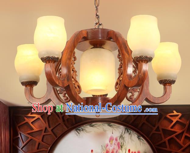 Traditional Chinese Handmade Rosewood Marble Ceiling Lantern Five-Lights Palace Lanterns Ancient Lamp