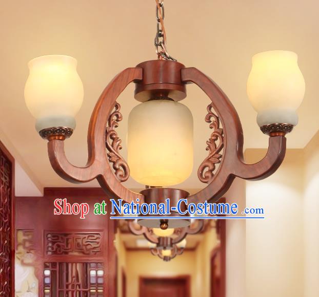 Traditional Chinese Handmade Rosewood Marble Ceiling Lantern Three-Lights Palace Lanterns Ancient Lamp