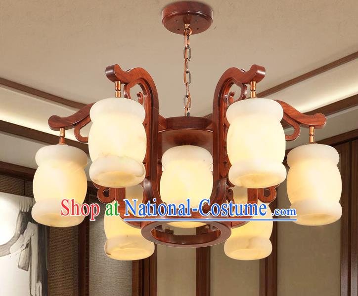 Traditional Chinese Handmade Rosewood Marble Ceiling Lantern Seven-Lights Palace Lanterns Ancient Lamp