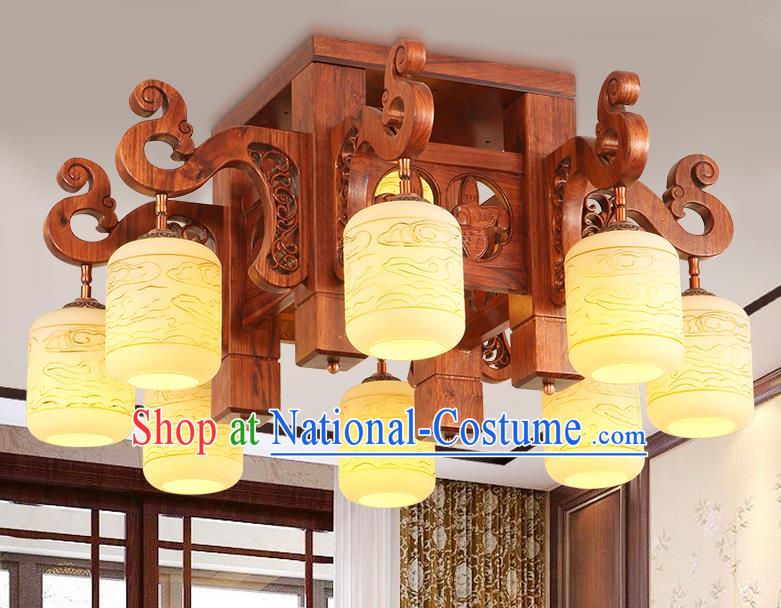 Traditional Chinese Handmade Marble Ceiling Lantern Rosewood Eight-Lights Palace Lanterns Ancient Lamp