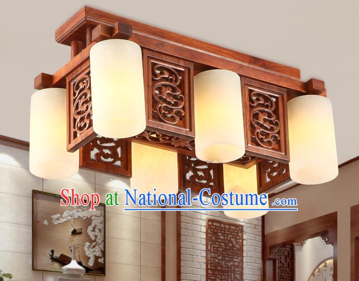 Traditional Chinese Handmade Marble Ceiling Lantern Wood Carving Six-Lights Palace Lanterns Ancient Lamp