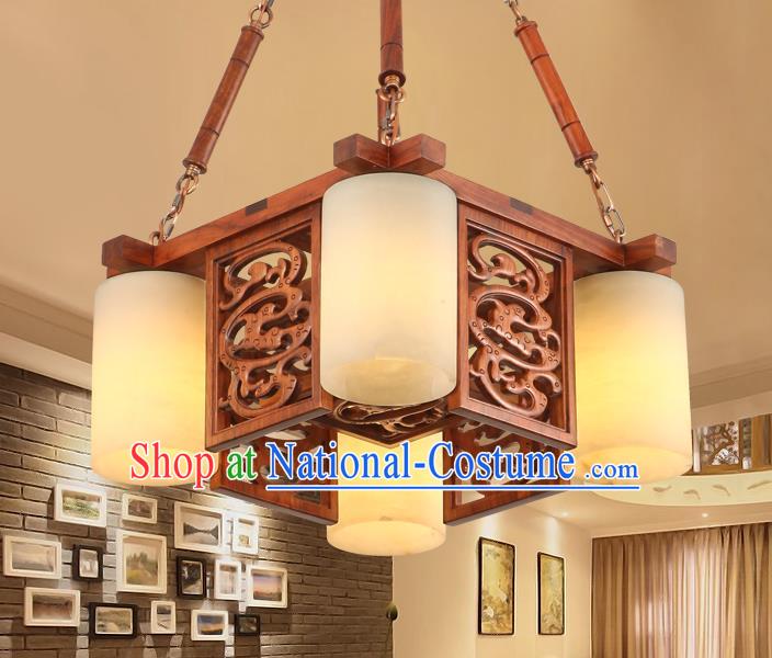 Traditional Chinese Handmade Marble Ceiling Lantern Wood Carving Four-Lights Palace Lanterns Ancient Lamp