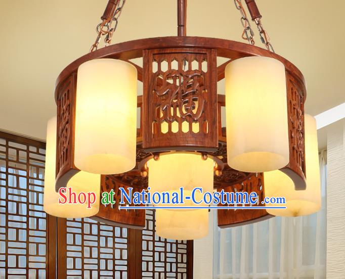 Traditional Chinese Handmade Marble Ceiling Lantern Wood Carving Six-Pieces Palace Lanterns Ancient Lamp