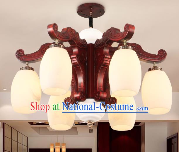 Traditional Chinese Handmade Marble Ceiling Lantern Six-Pieces Palace Lanterns Ancient Wood Lamp