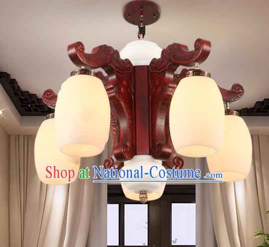 Traditional Chinese Handmade Marble Ceiling Lantern Five-Pieces Palace Lanterns Ancient Wood Lamp