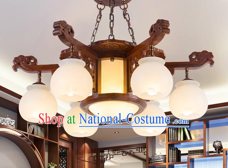 Traditional Chinese Handmade Marble Ceiling Lantern Wood Six-Pieces Palace Lanterns Ancient Lamp