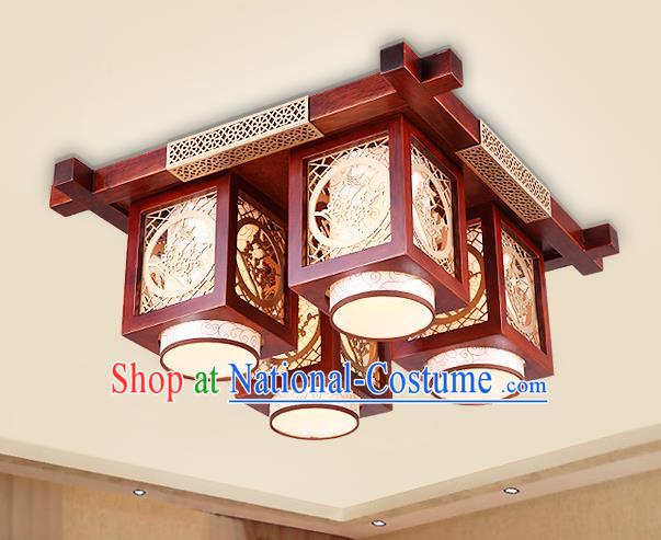 Traditional Chinese Handmade Palace Lantern Wood Carving Plum Blossom Four-Lights Ceiling Lanterns Ancient Lamp