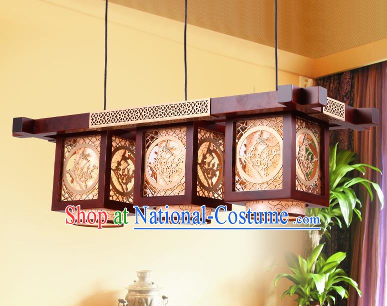 Traditional Chinese Handmade Palace Lantern Wood Carving Plum Blossom Three-Lights Ceiling Lanterns Ancient Lamp