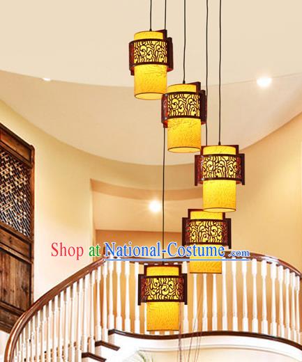 Traditional Chinese Handmade Palace Lantern Five-Lights Hanging Lanterns Ancient Wood Lamp