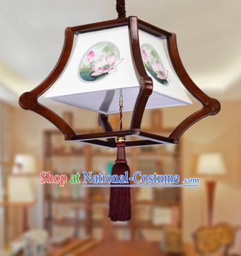 Traditional Chinese Handmade Wood Palace Lantern Painting Lotus Hanging Lanterns Ancient Lamp