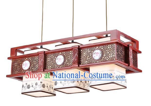 Traditional Chinese Hanging Palace Lantern Handmade Painting Peony Ceiling Lanterns Ancient Three-Lights Lamp